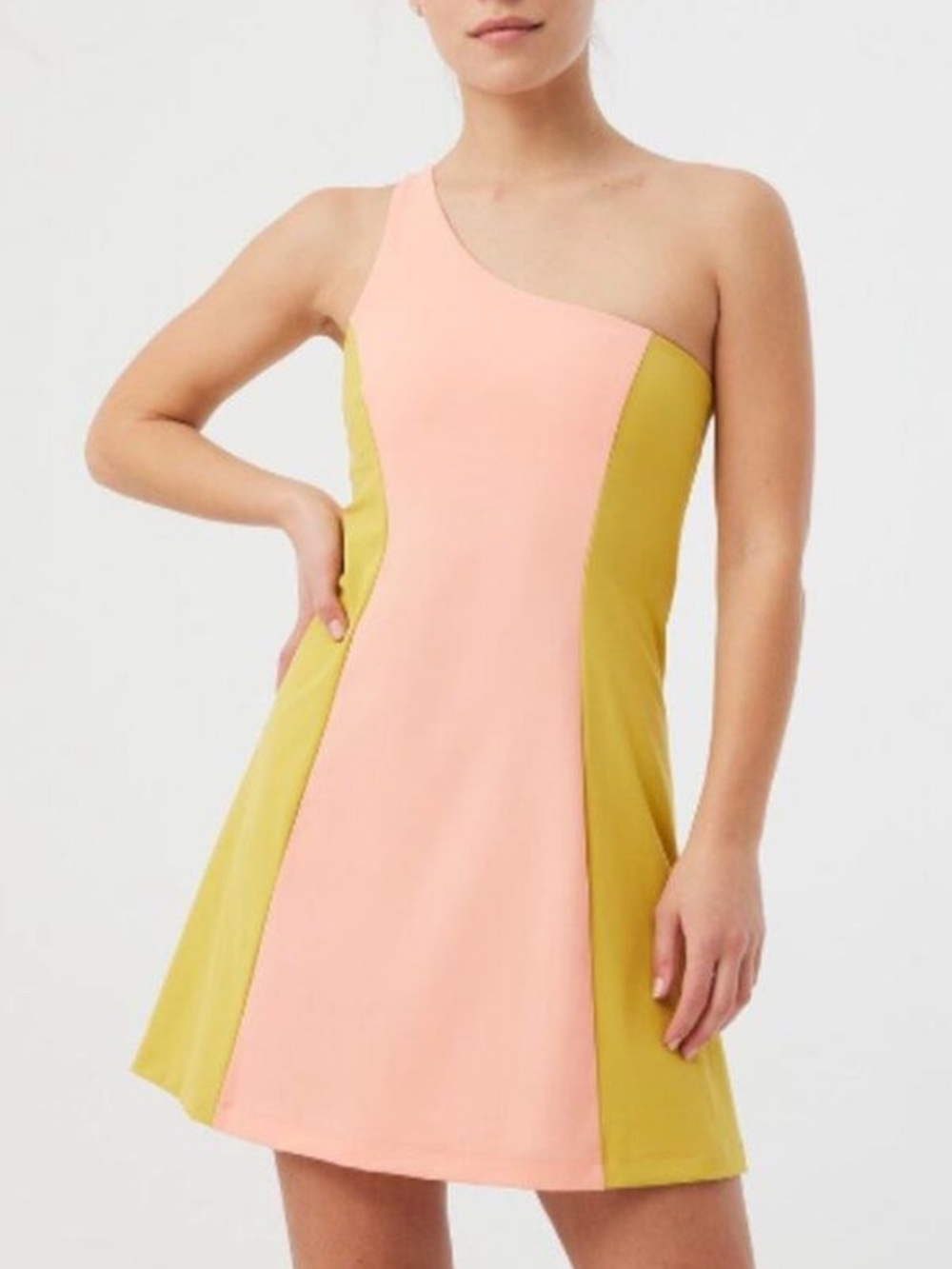 Outdoor Voices Pink and Olive One-Shoulder Colorblock Dress